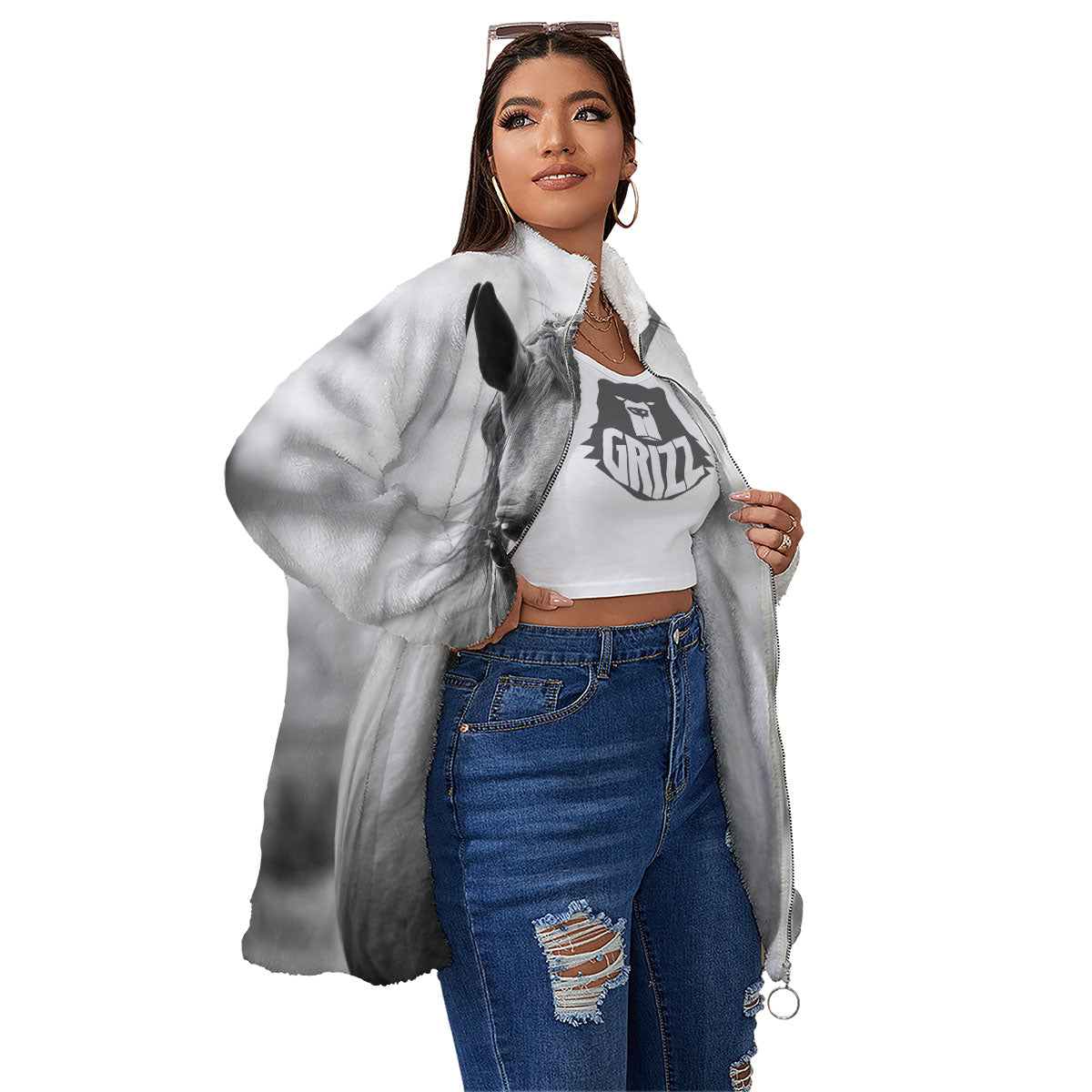 Horse Monochrome Print Women's Sherpa Jacket-grizzshop