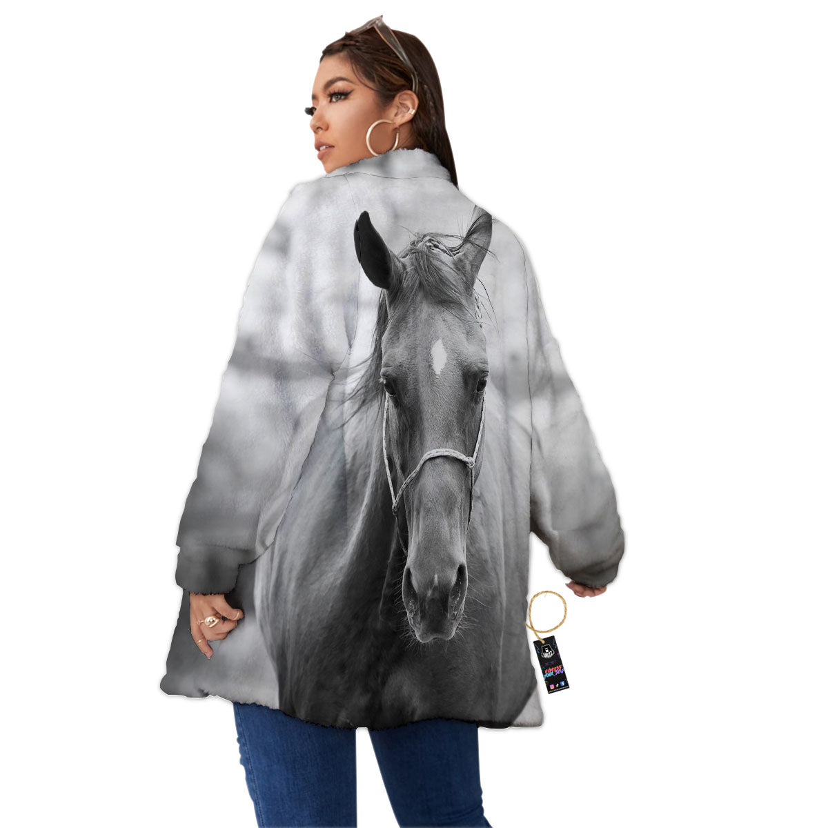 Horse Monochrome Print Women's Sherpa Jacket-grizzshop