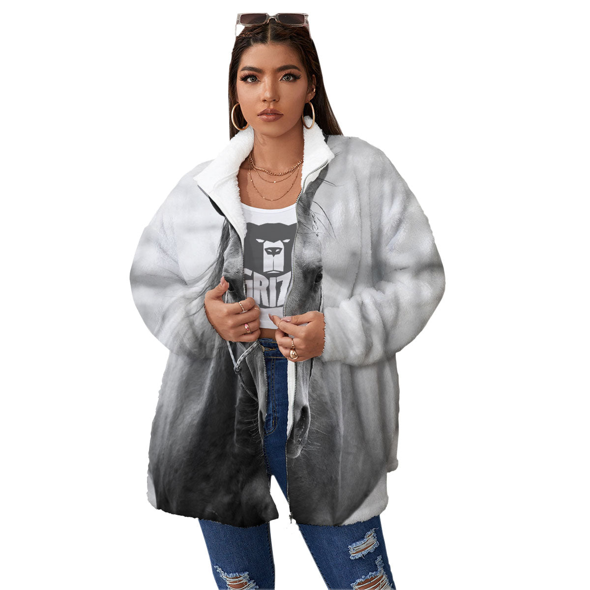 Horse Monochrome Print Women's Sherpa Jacket-grizzshop
