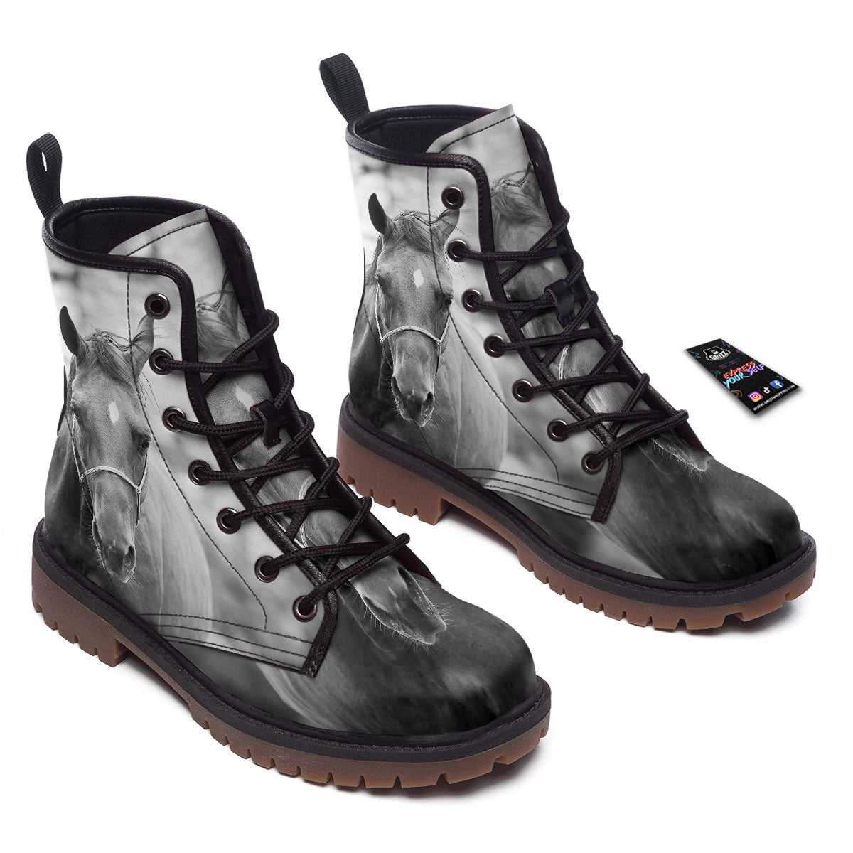 Horse Monochrome Print Work Boots-grizzshop