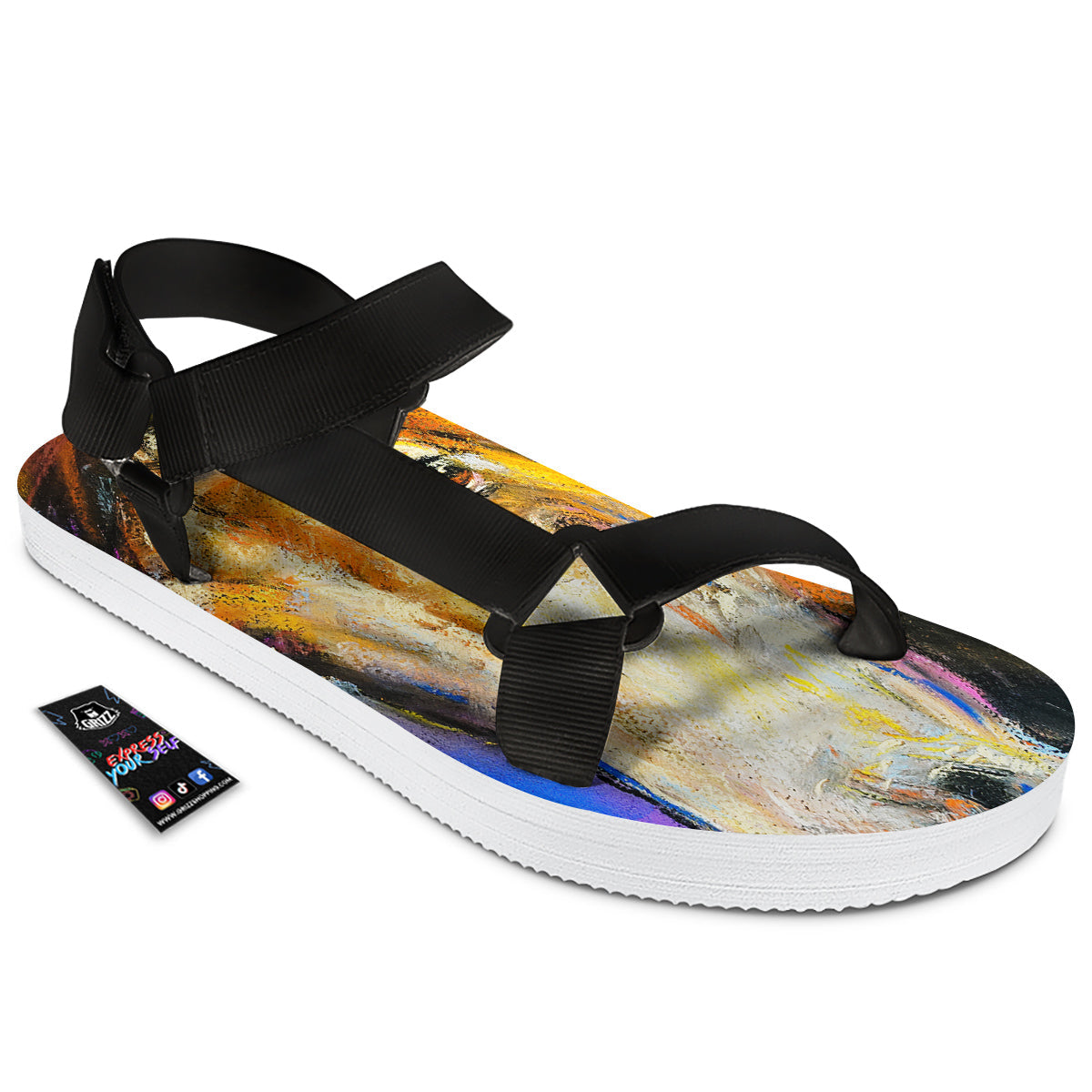 Horse Painting Colorful Print Black Open Toe Sandals-grizzshop
