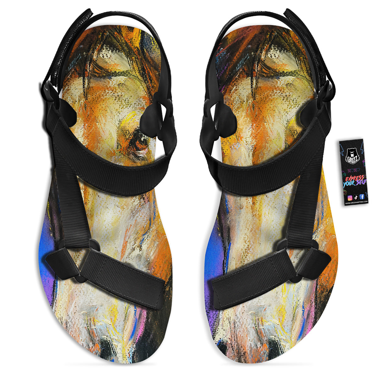 Horse Painting Colorful Print Black Open Toe Sandals-grizzshop