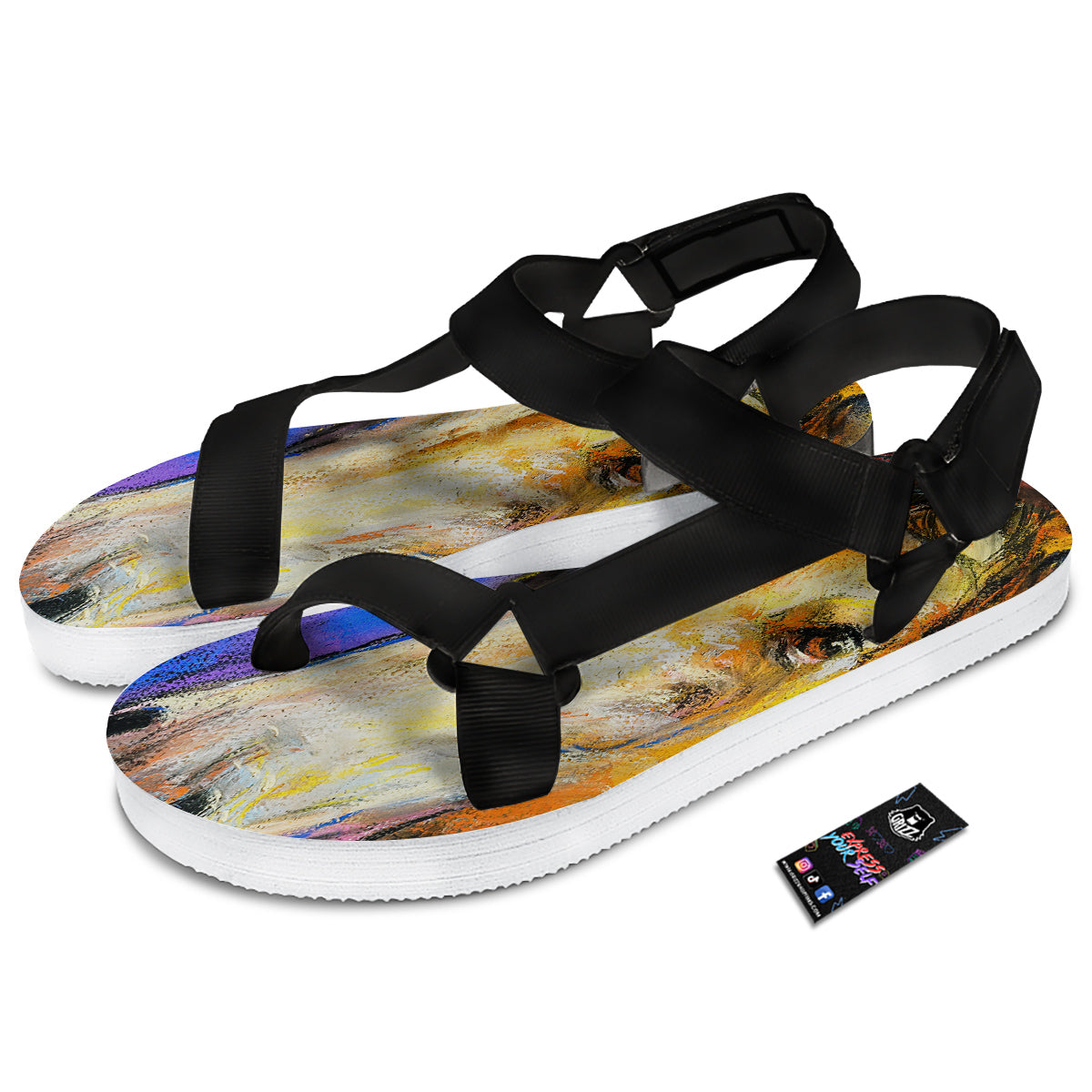 Horse Painting Colorful Print Black Open Toe Sandals-grizzshop