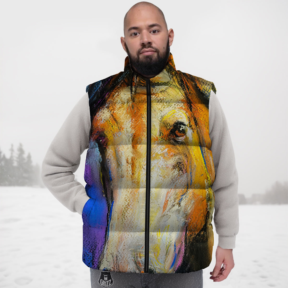 Horse Painting Colorful Print Down Vest