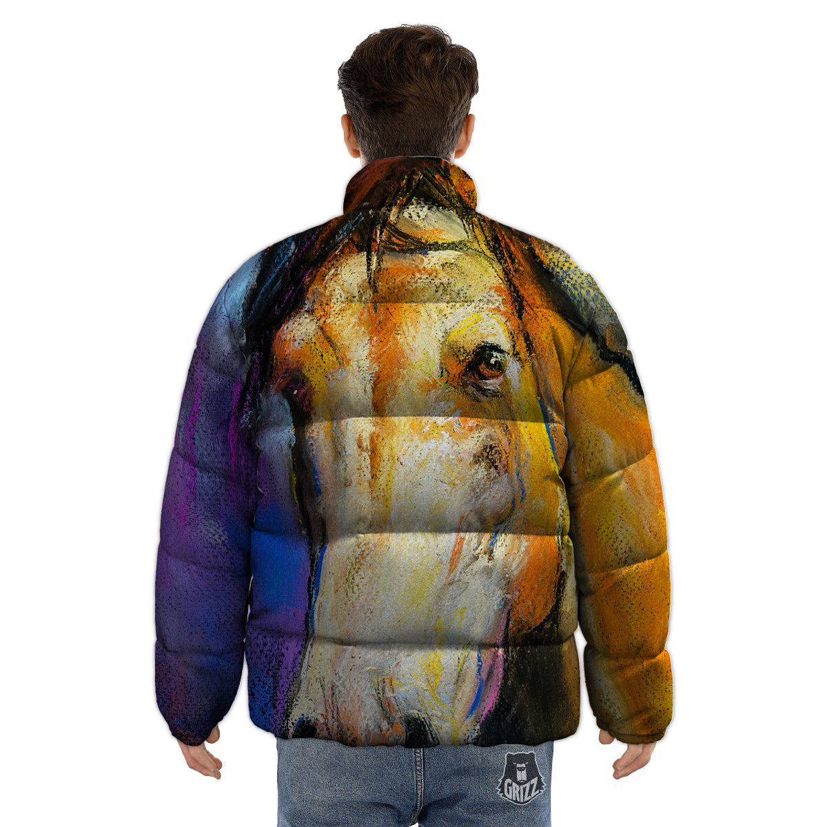 Horse Painting Colorful Print Puffer Jacket-grizzshop