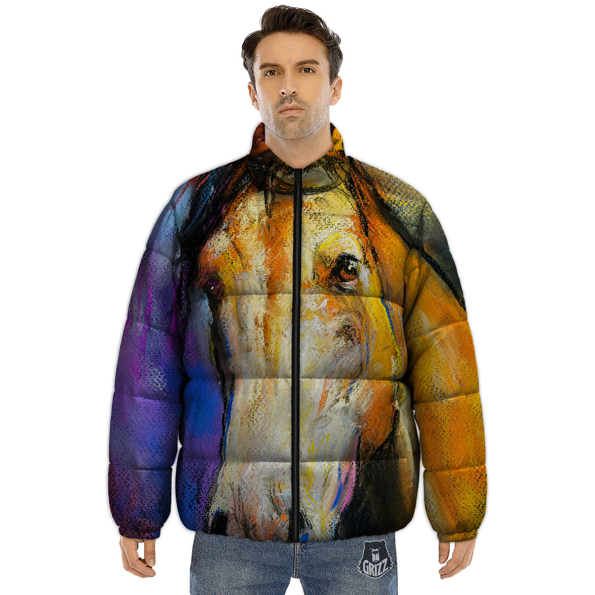 Horse Painting Colorful Print Puffer Jacket-grizzshop