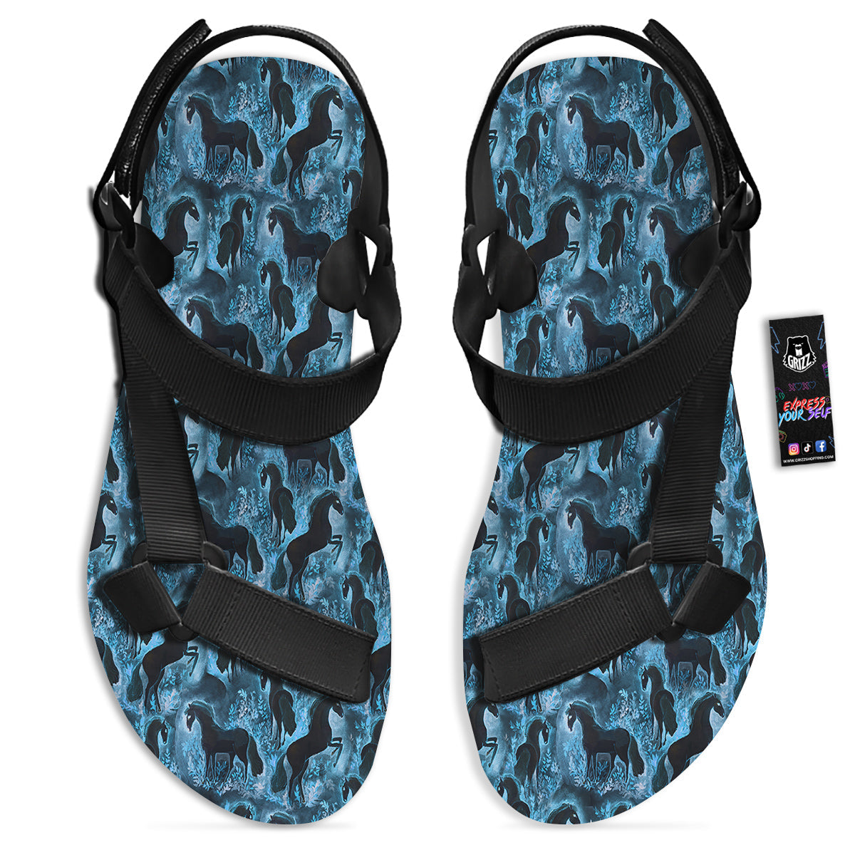Horse Painting Dark Blue Print Black Open Toe Sandals-grizzshop