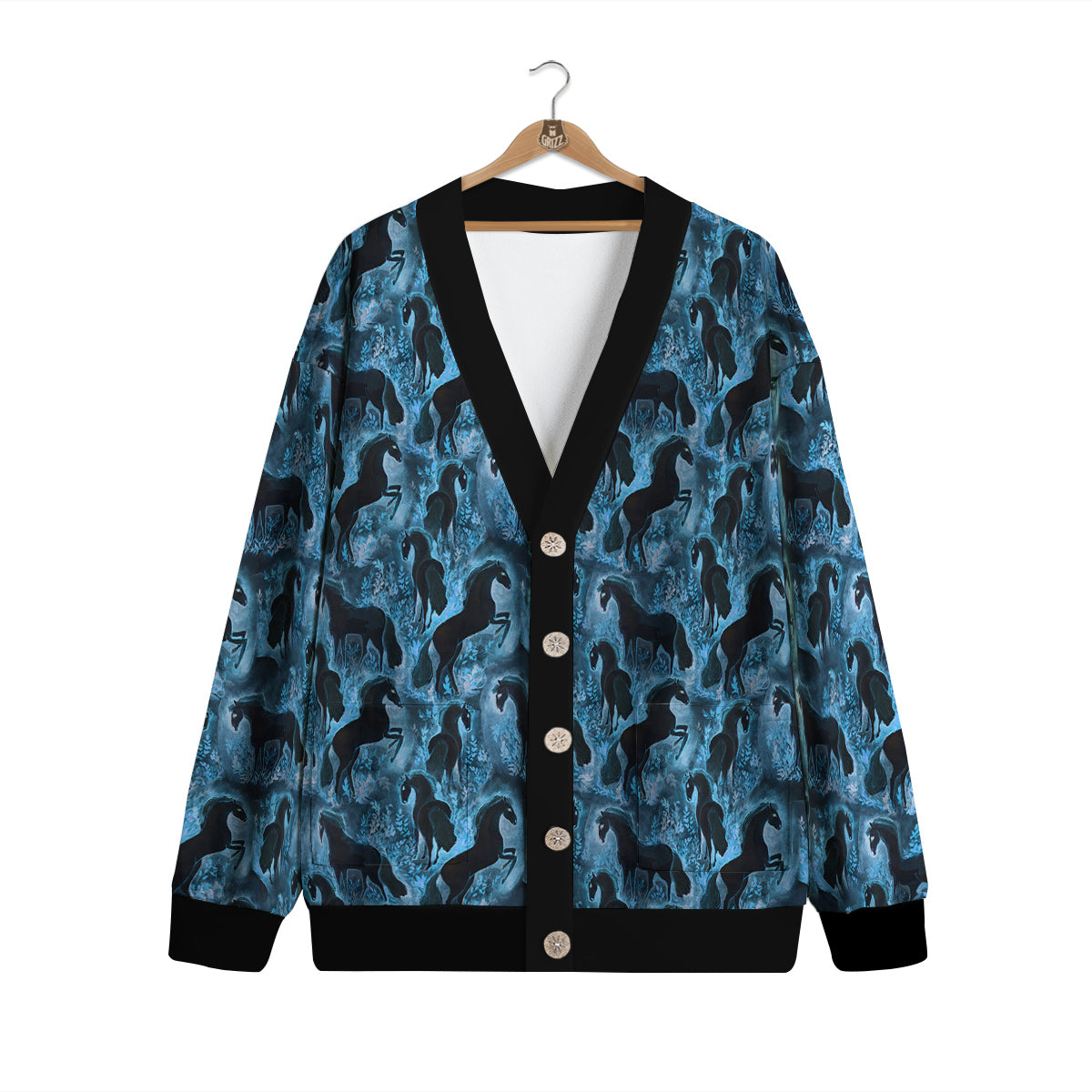 Horse Painting Dark Blue Print Cardigan-grizzshop