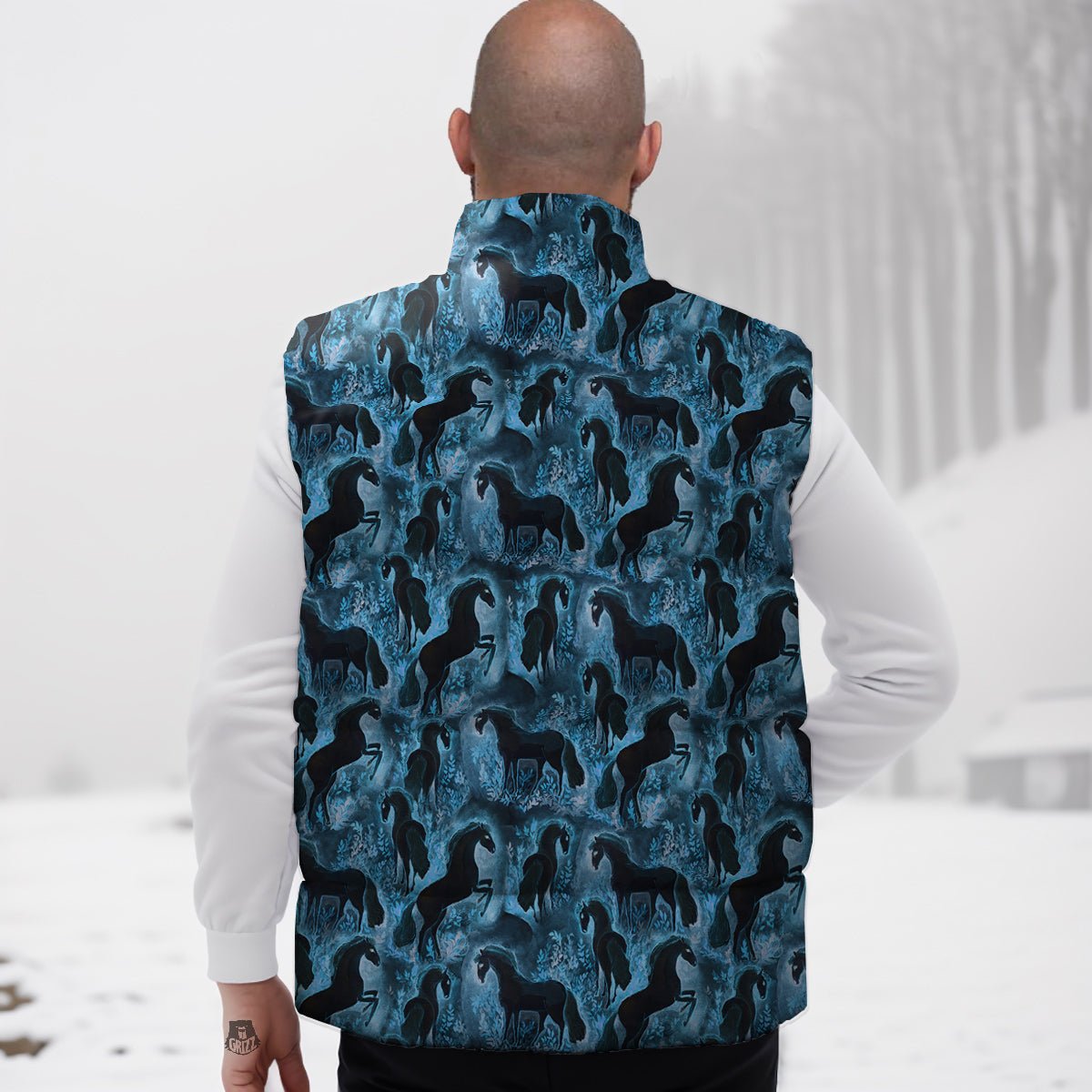 Horse Painting Dark Blue Print Down Vest