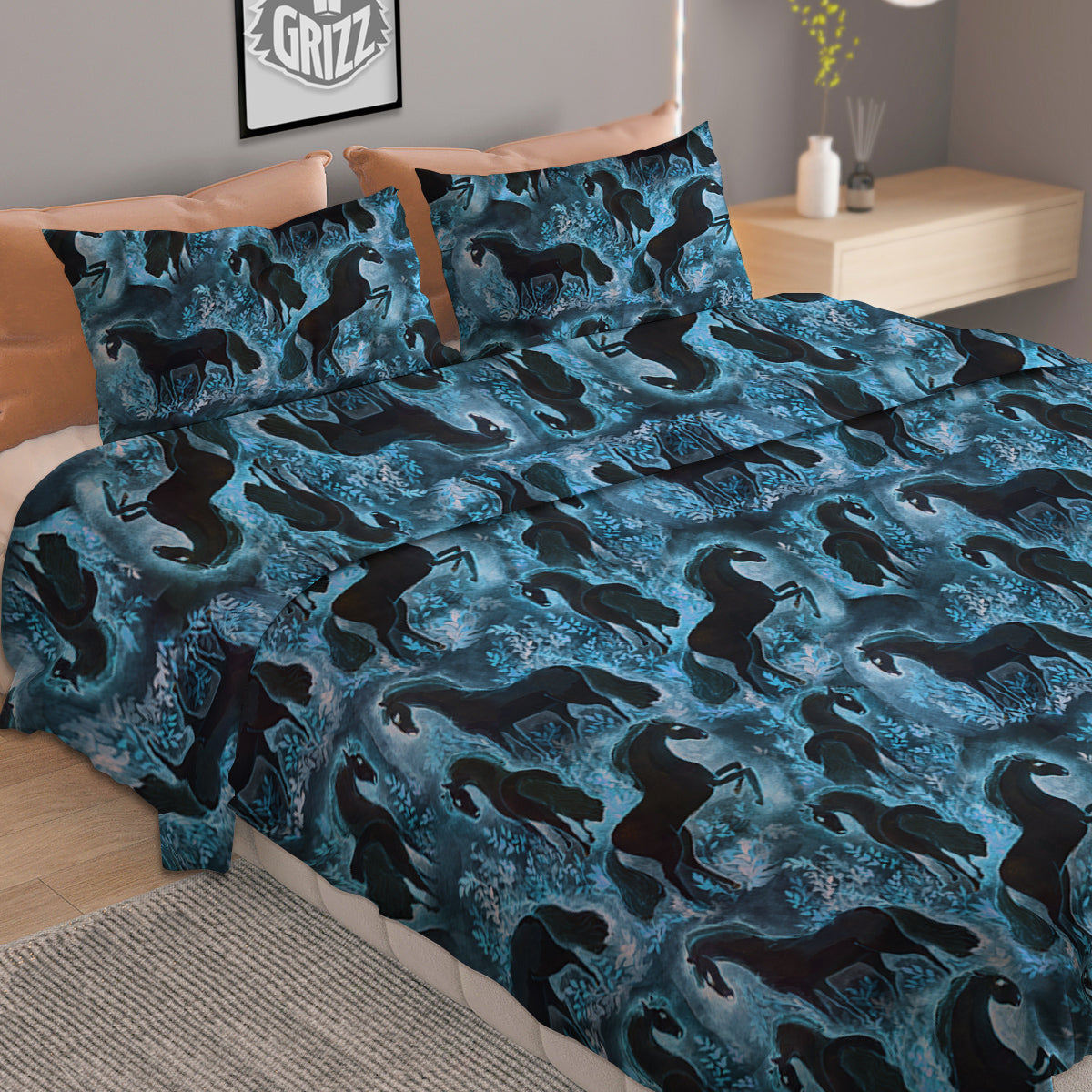 Horse Painting Dark Blue Print Duvet Cover Bedding Set