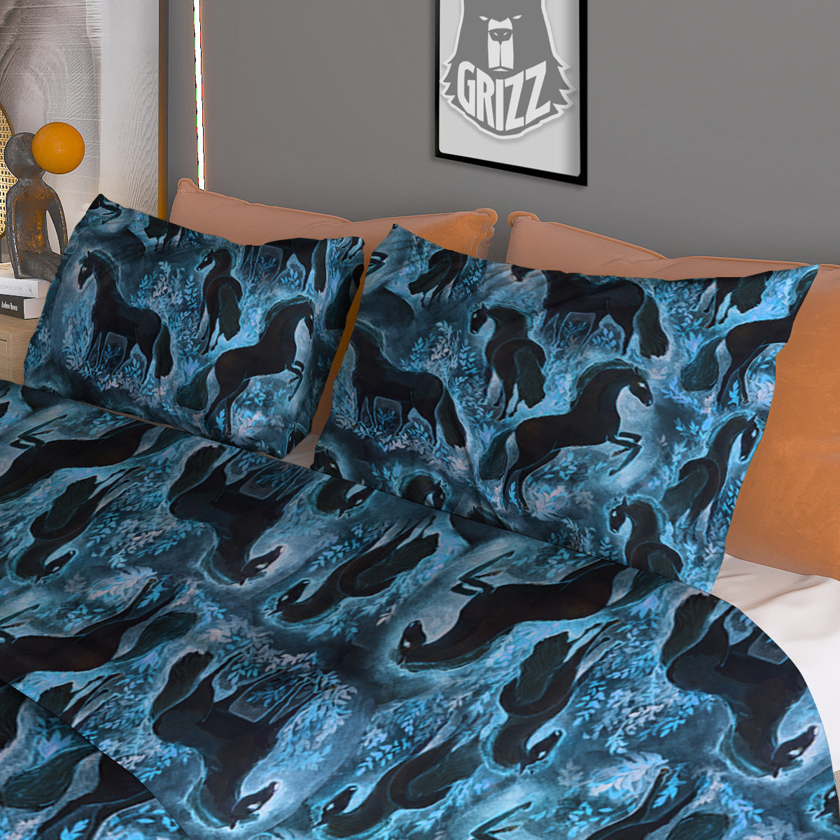 Horse Painting Dark Blue Print Duvet Cover Bedding Set