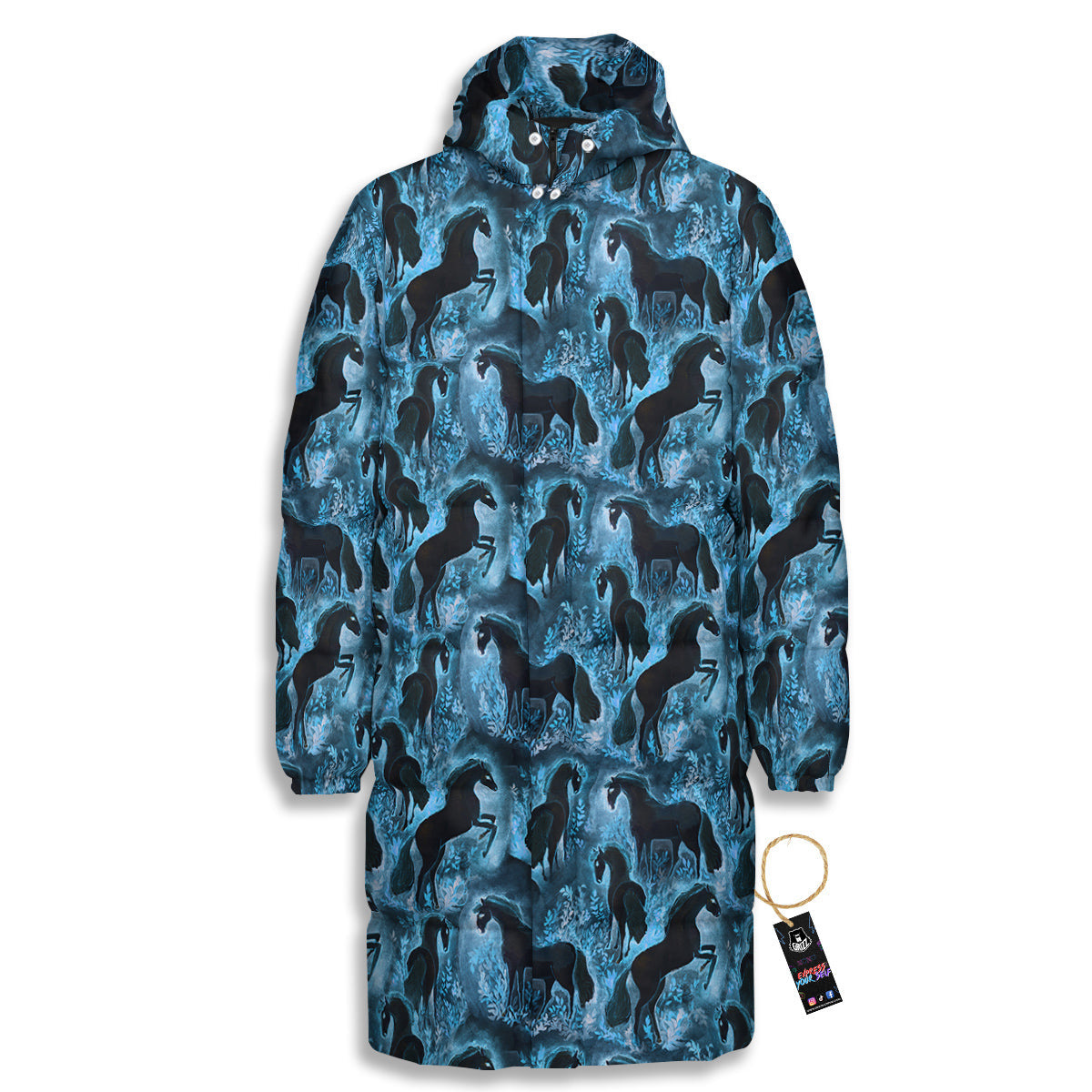 Horse Painting Dark Blue Print Long Down Jacket-grizzshop