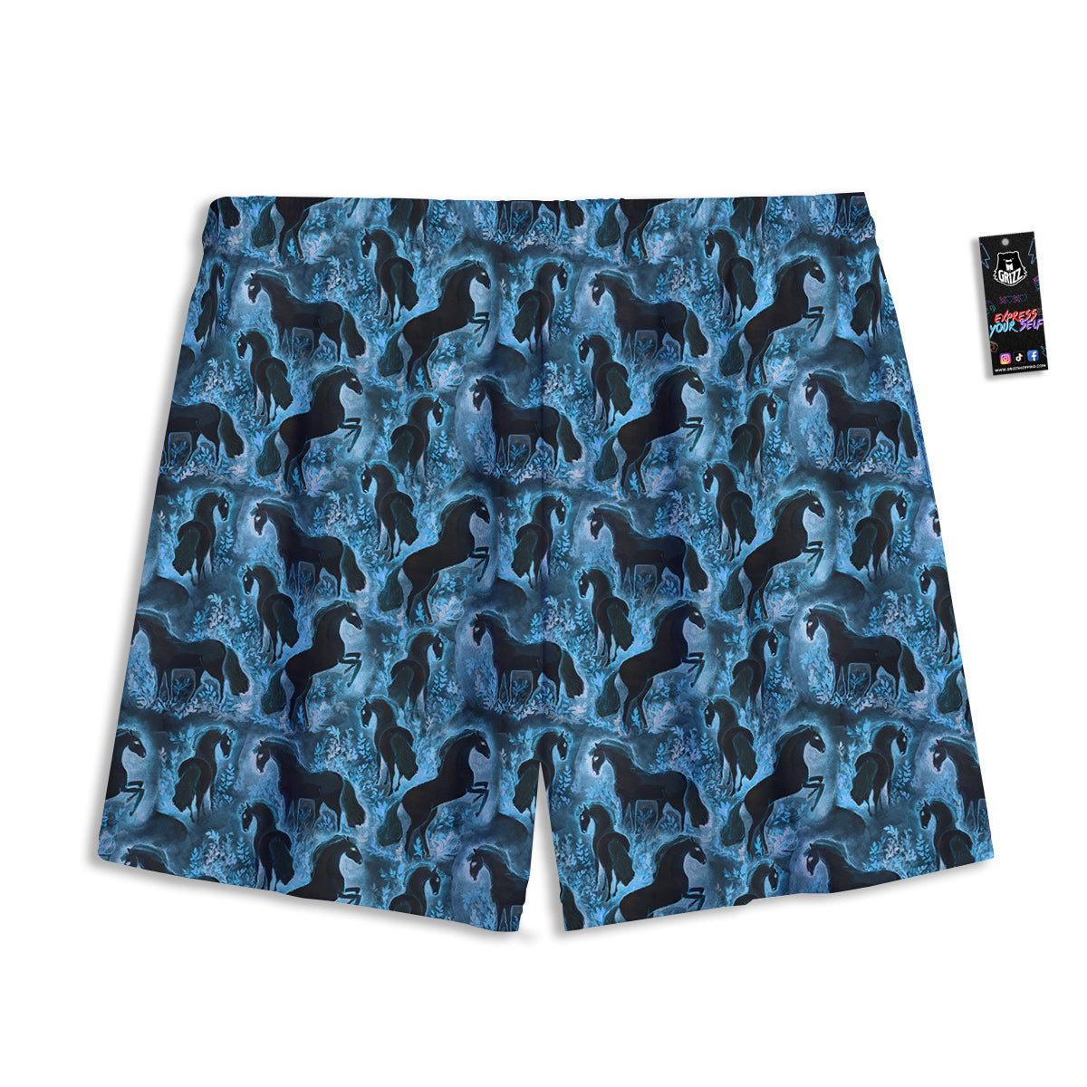 Horse Painting Dark Blue Print Mesh Shorts