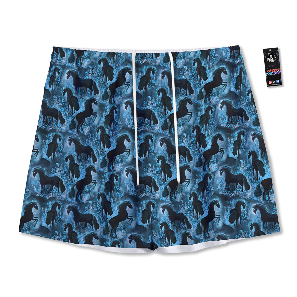 Horse Painting Dark Blue Print Mesh Shorts