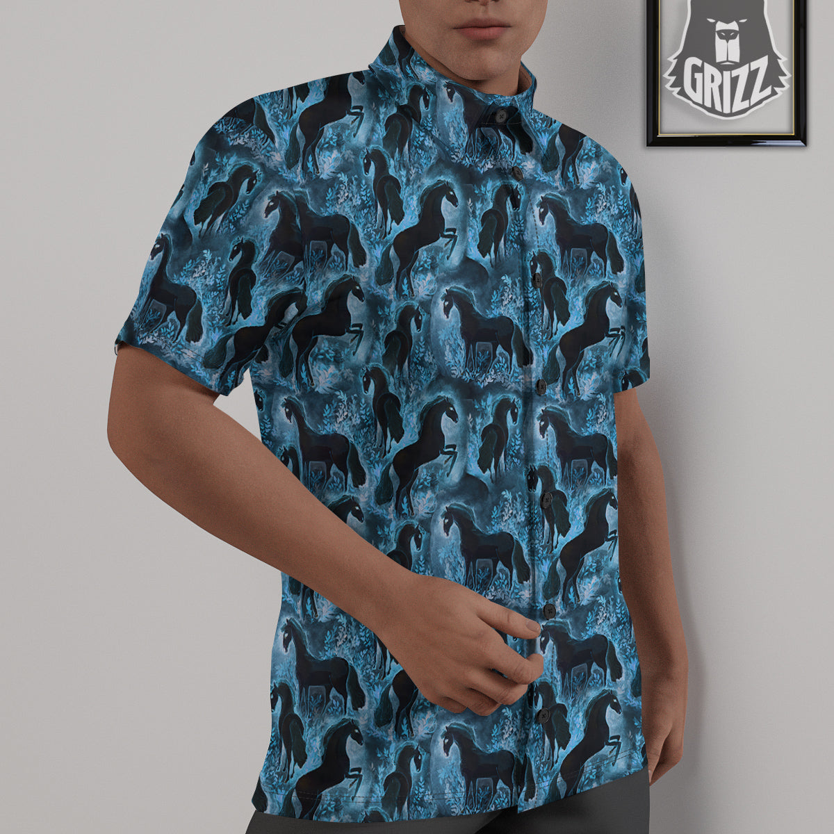 Horse Painting Dark Blue Print Untucked Shirts-grizzshop