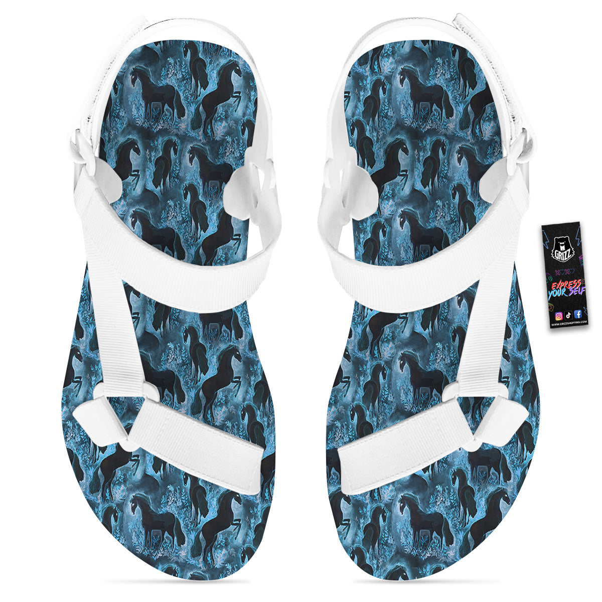 Horse Painting Dark Blue Print White Open Toe Sandals-grizzshop