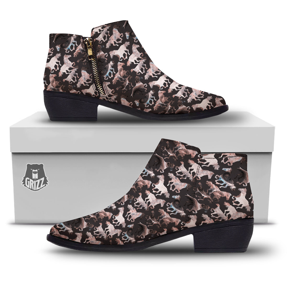 Horse Painting Dark Pink Print Ankle Boots-grizzshop