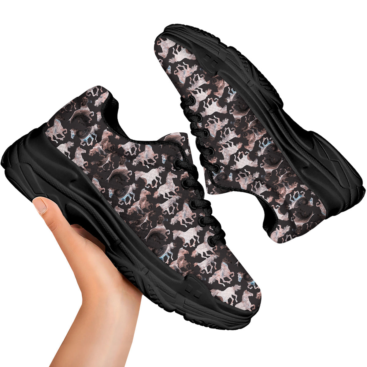 Horse Painting Dark Pink Print Black Chunky Shoes-grizzshop