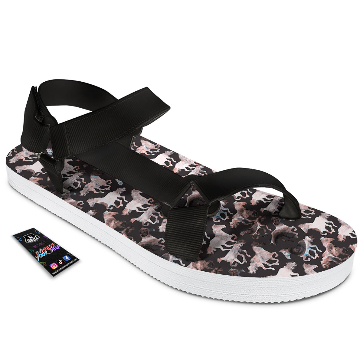 Horse Painting Dark Pink Print Black Open Toe Sandals-grizzshop
