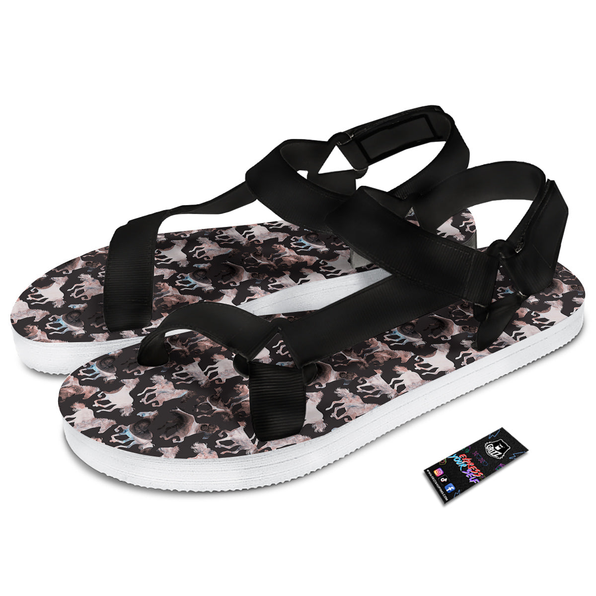 Horse Painting Dark Pink Print Black Open Toe Sandals-grizzshop