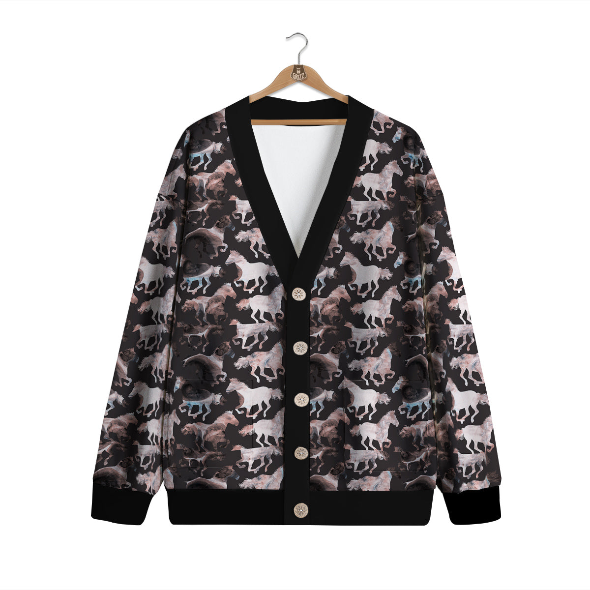 Horse Painting Dark Pink Print Cardigan-grizzshop