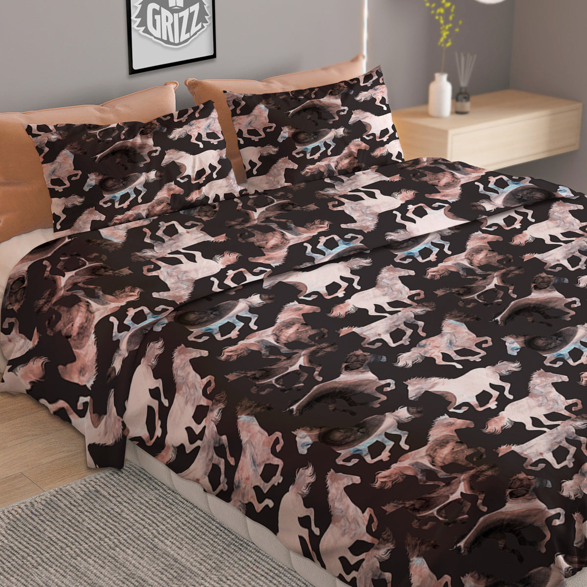 Horse Painting Dark Pink Print Duvet Cover Bedding Set