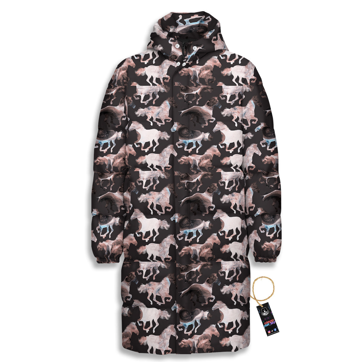 Horse Painting Dark Pink Print Long Down Jacket-grizzshop
