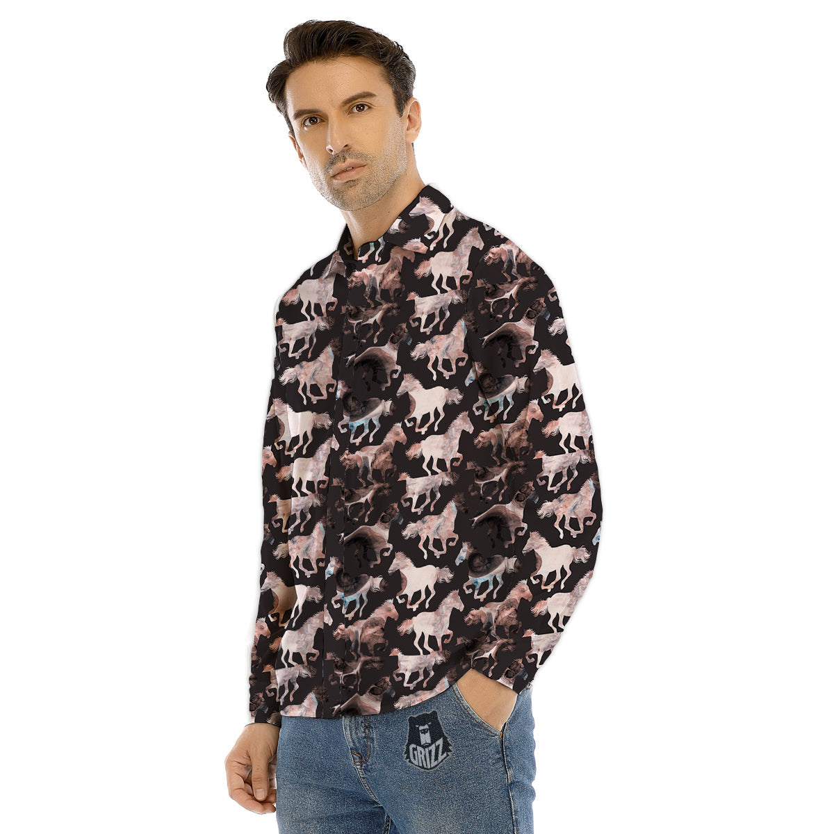 Horse Painting Dark Pink Print Men's Dress Shirts-grizzshop