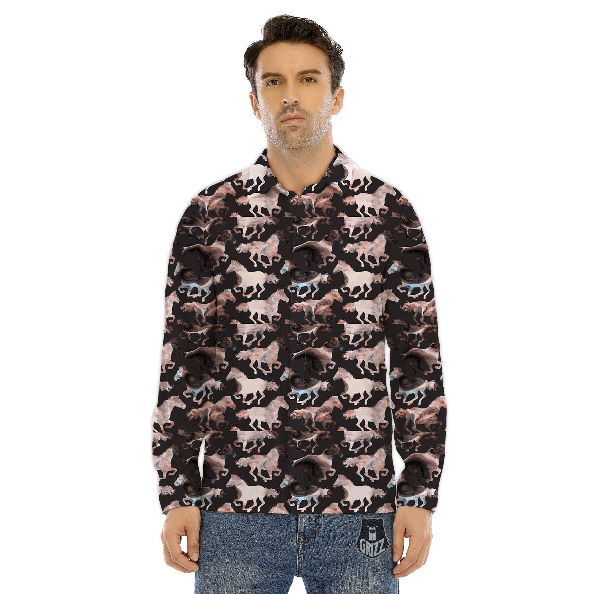 Horse Painting Dark Pink Print Men's Dress Shirts-grizzshop