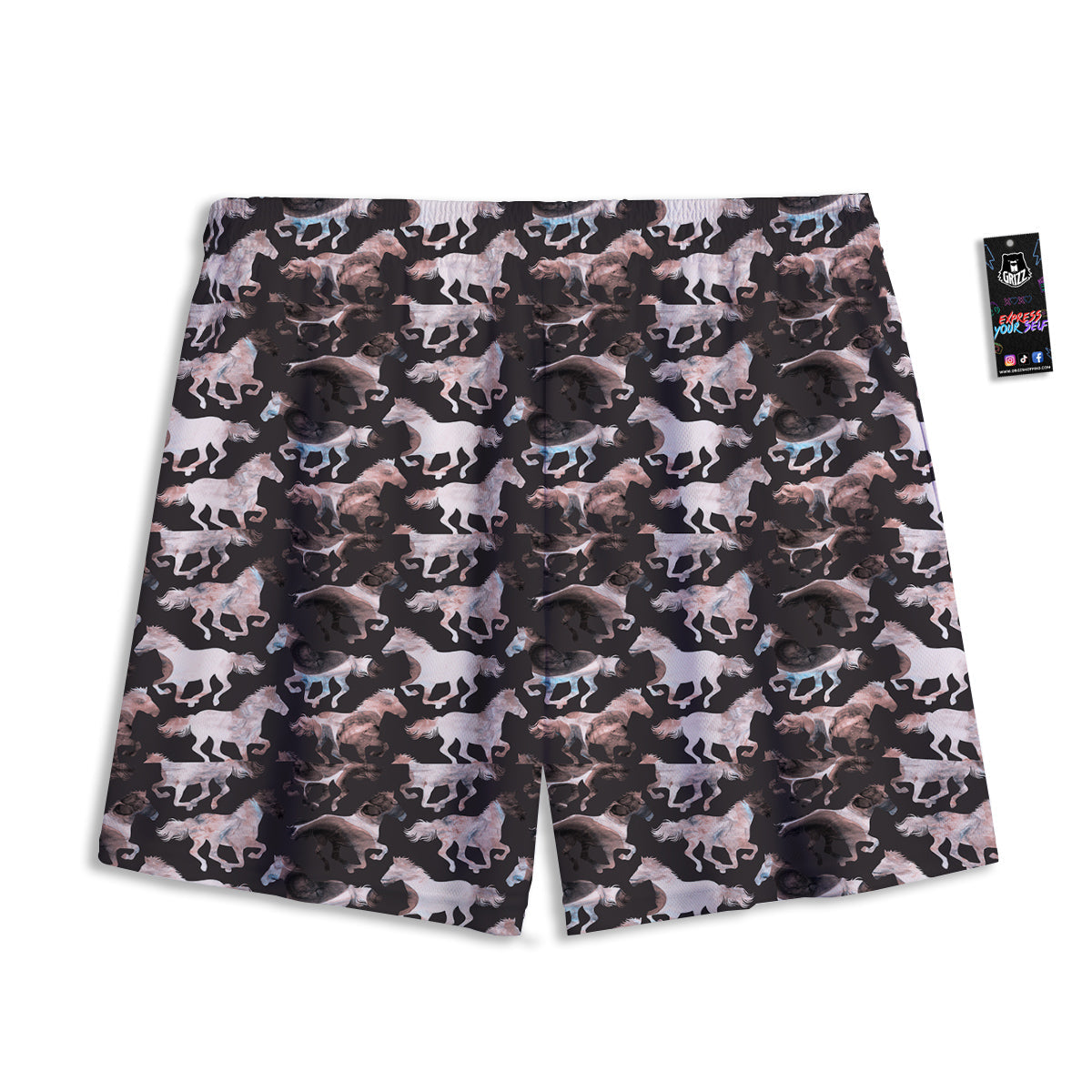 Horse Painting Dark Pink Print Mesh Shorts