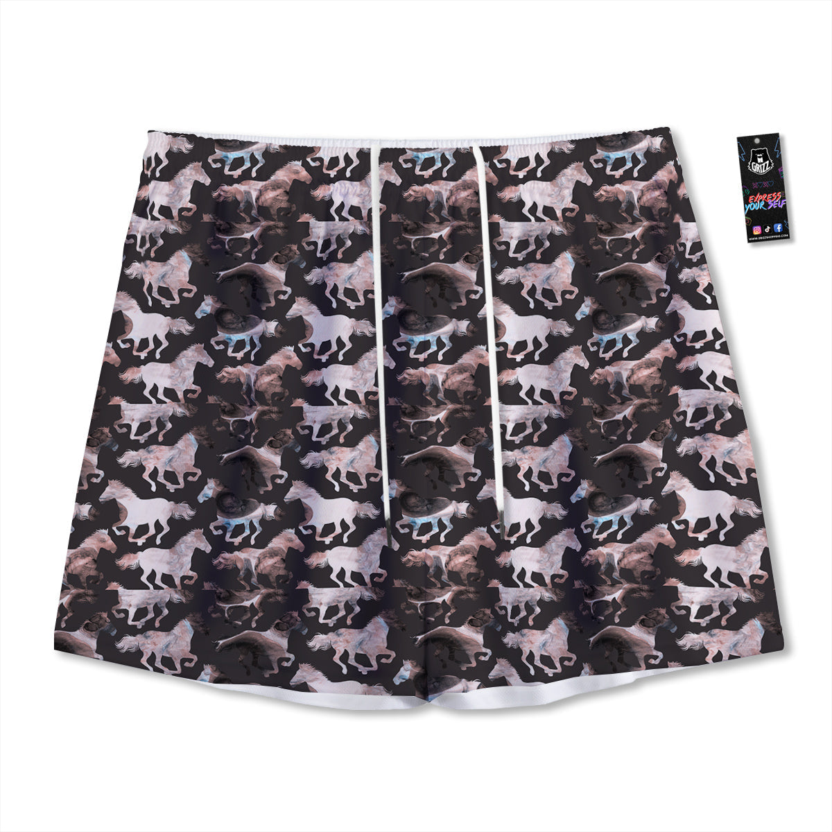 Horse Painting Dark Pink Print Mesh Shorts