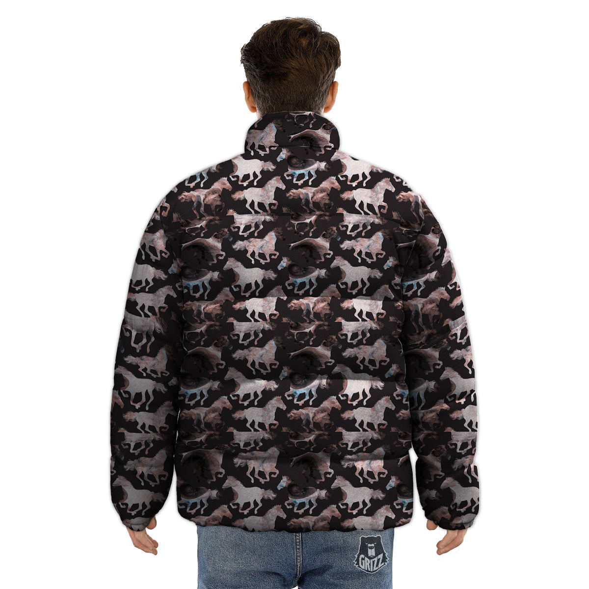 Horse Painting Dark Pink Print Puffer Jacket-grizzshop