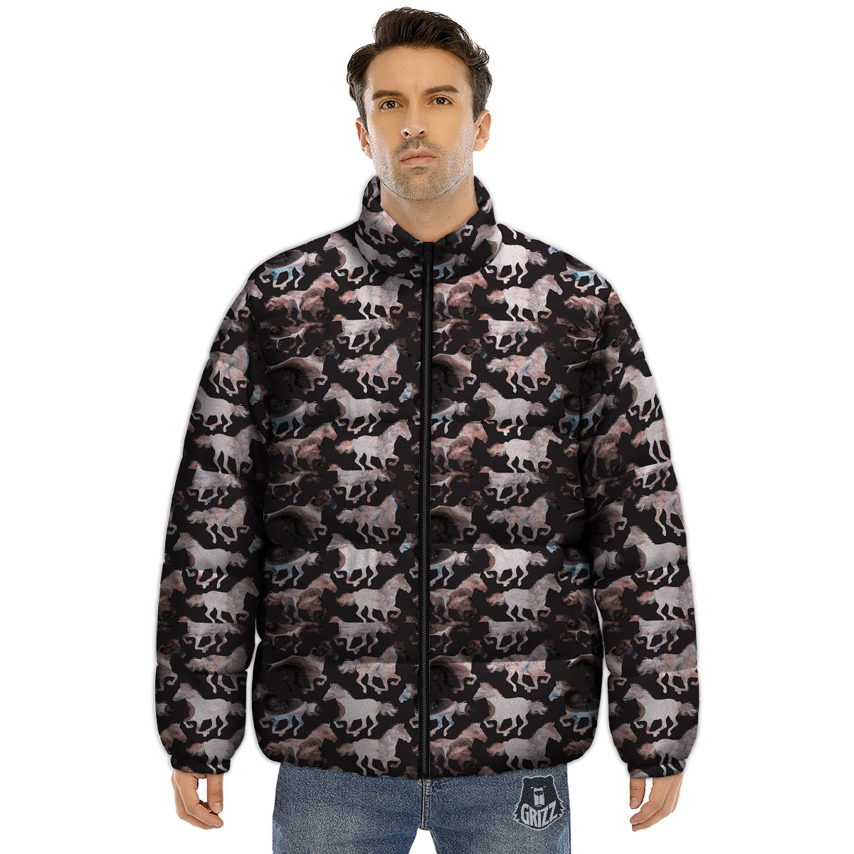Horse Painting Dark Pink Print Puffer Jacket-grizzshop