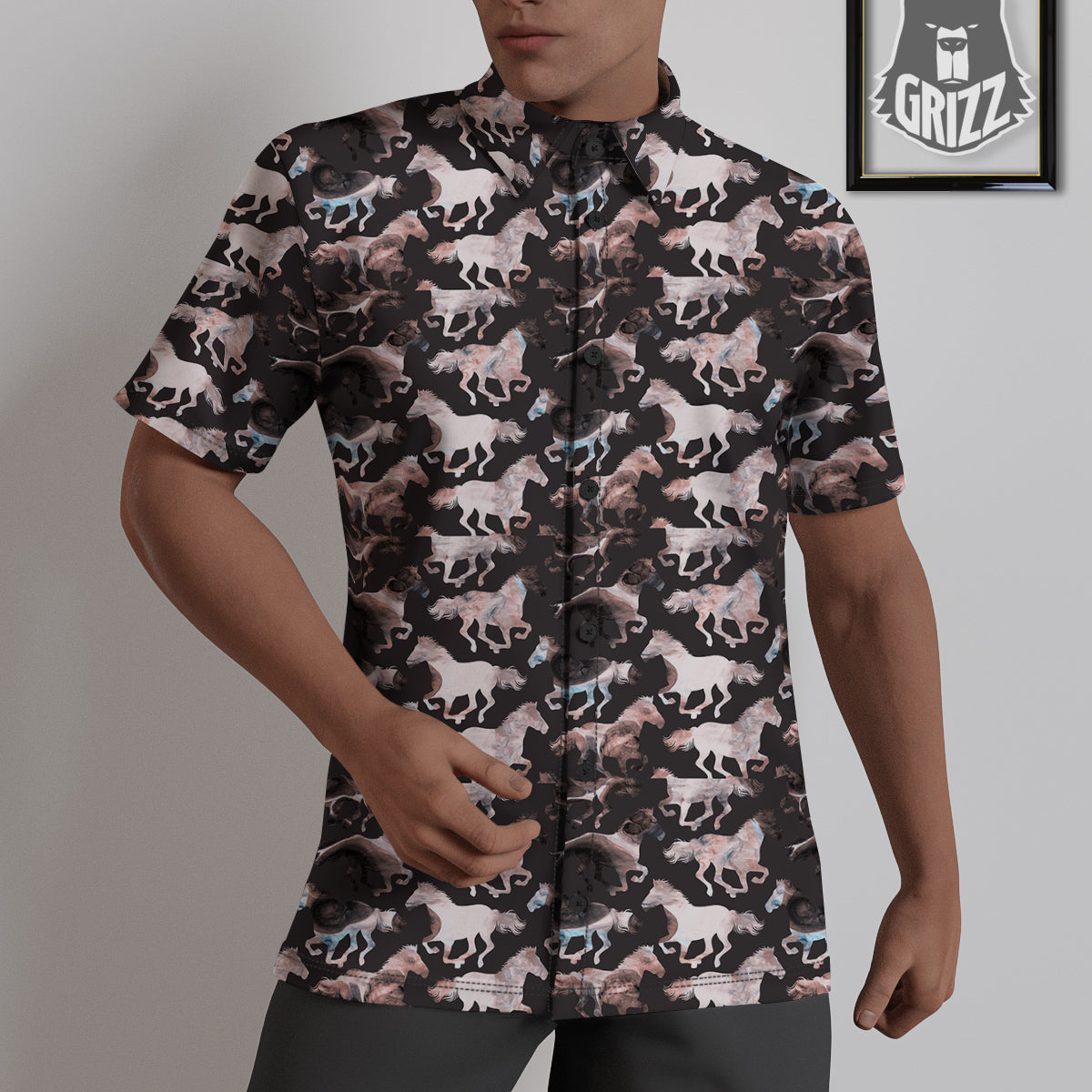 Horse Painting Dark Pink Print Untucked Shirts-grizzshop