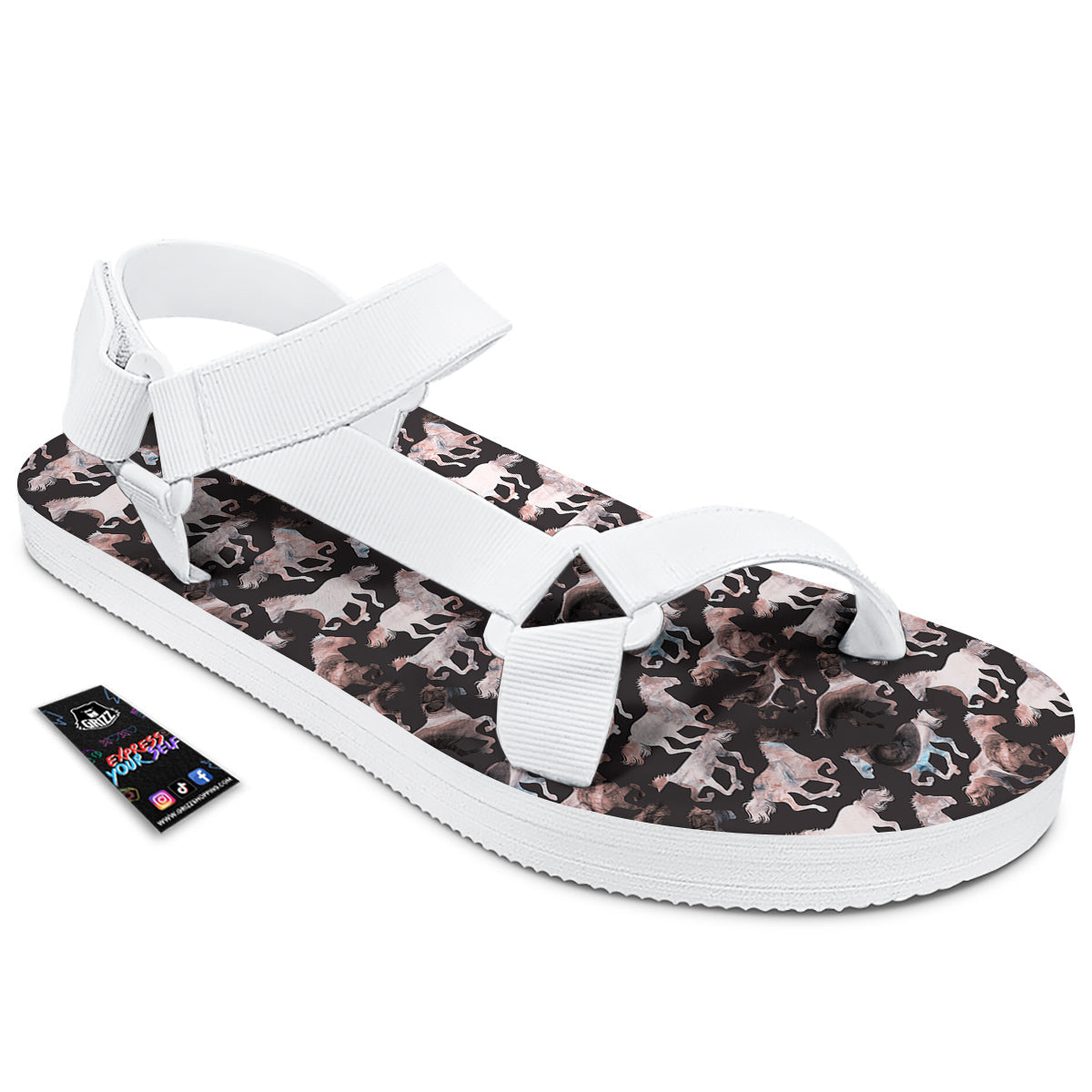 Horse Painting Dark Pink Print White Open Toe Sandals-grizzshop