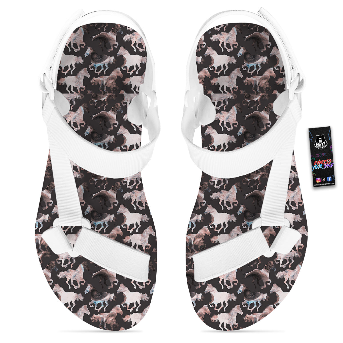 Horse Painting Dark Pink Print White Open Toe Sandals-grizzshop