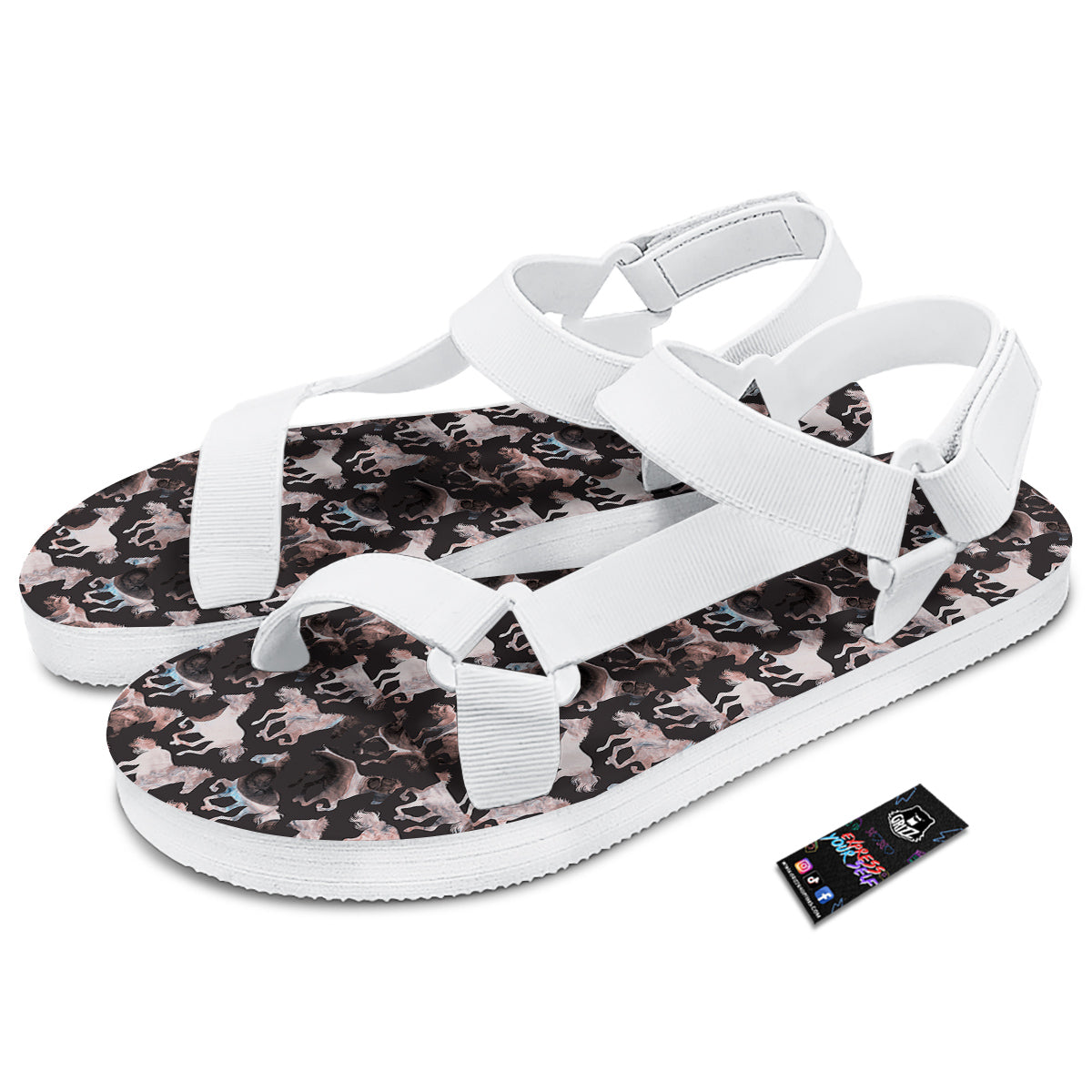 Horse Painting Dark Pink Print White Open Toe Sandals-grizzshop