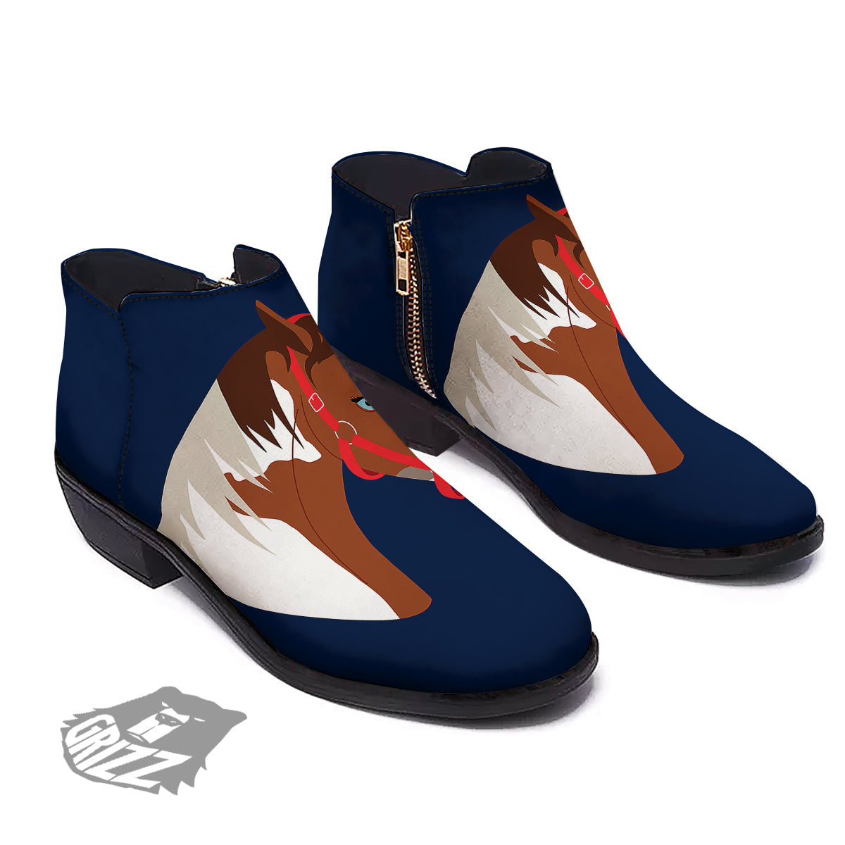 Horse Portrait Dark Blue Print Ankle Boots-grizzshop