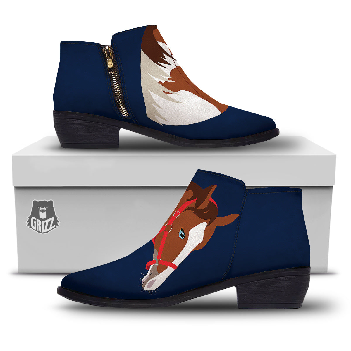 Horse Portrait Dark Blue Print Ankle Boots-grizzshop