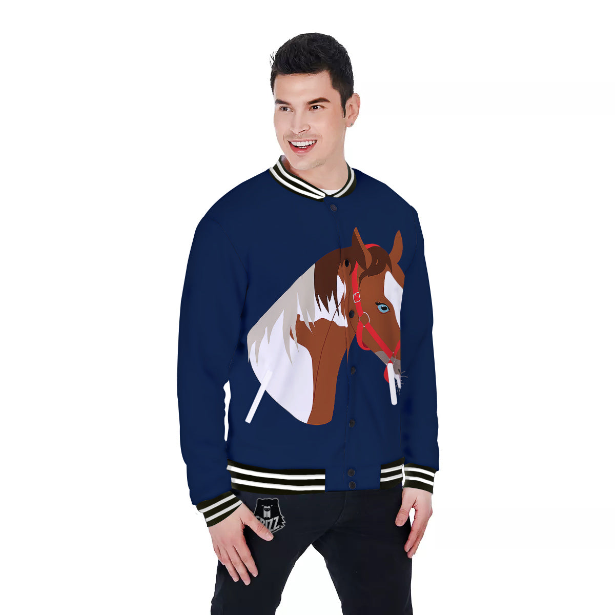 Horse Portrait Dark Blue Print Baseball Jacket-grizzshop