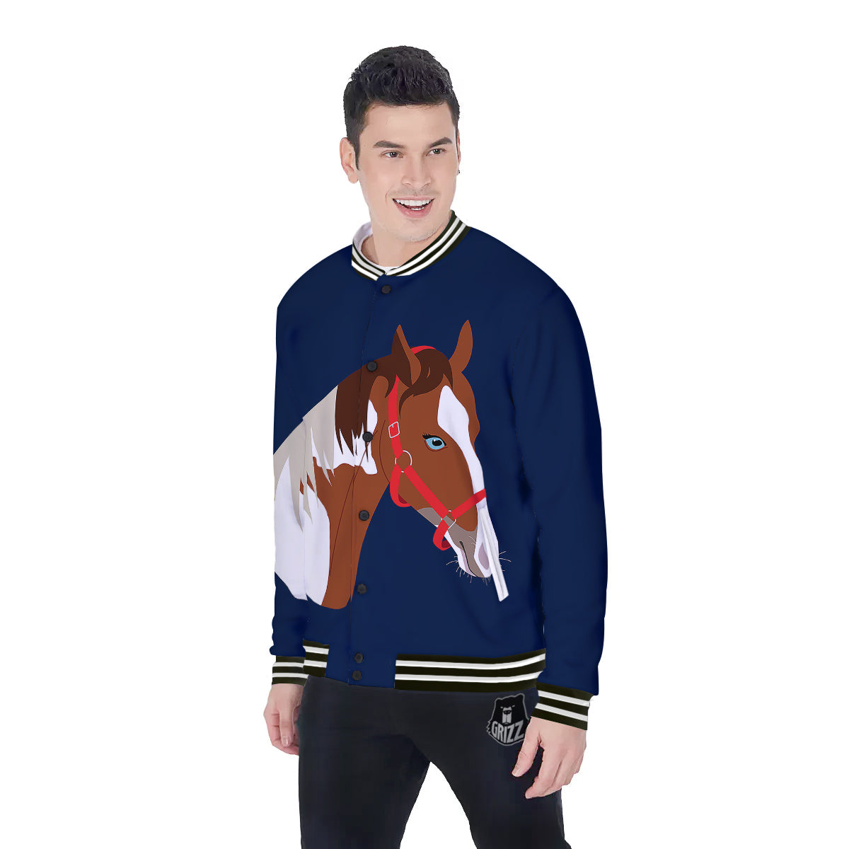 Horse Portrait Dark Blue Print Baseball Jacket-grizzshop