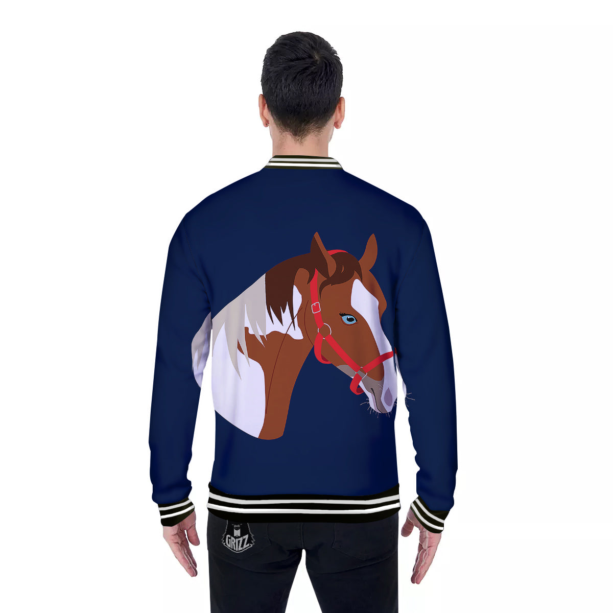 Horse Portrait Dark Blue Print Baseball Jacket-grizzshop