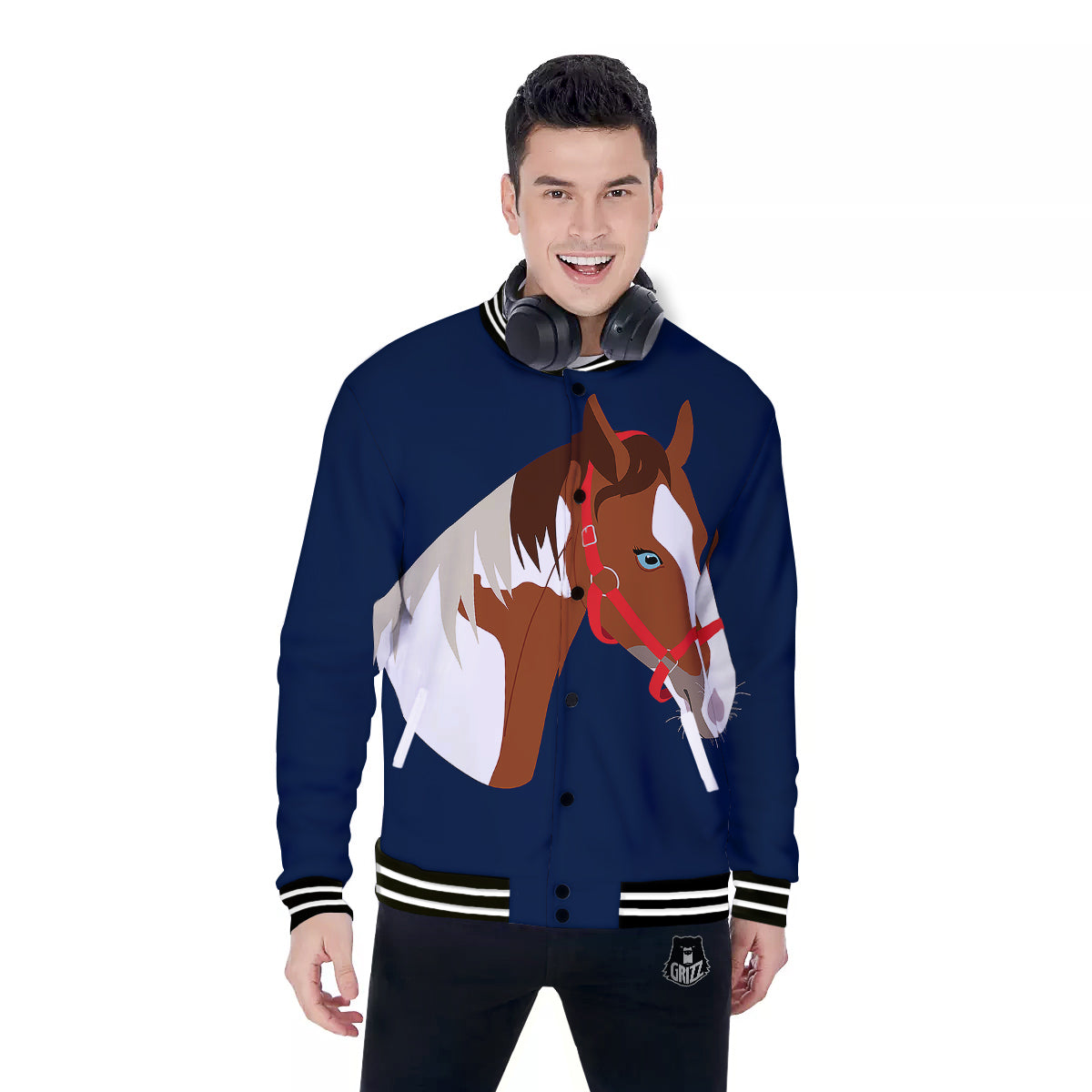 Horse Portrait Dark Blue Print Baseball Jacket-grizzshop