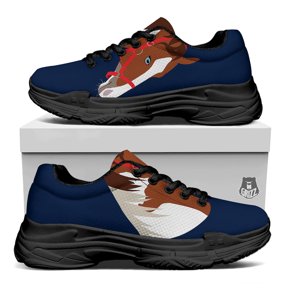 Horse Portrait Dark Blue Print Black Chunky Shoes-grizzshop
