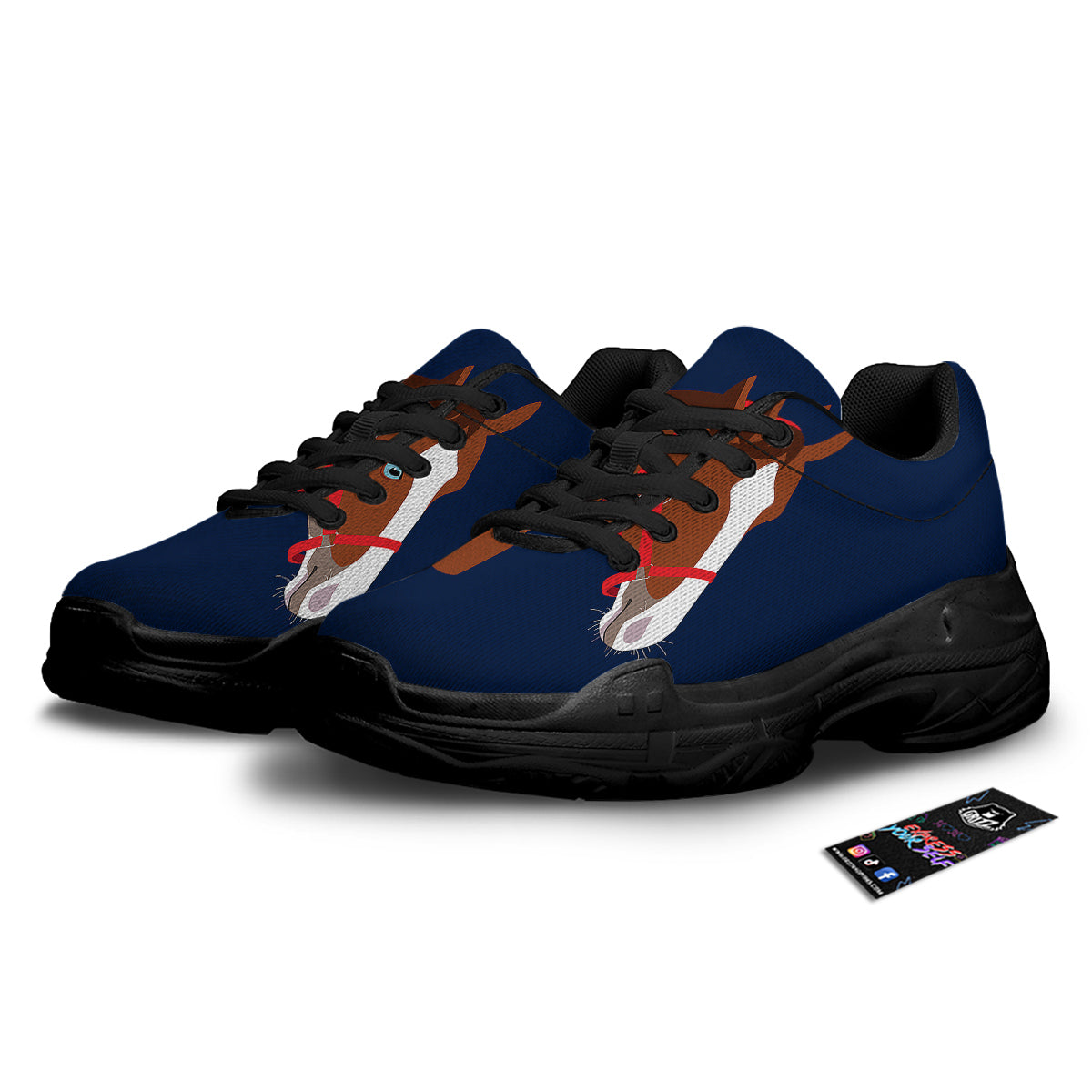 Horse Portrait Dark Blue Print Black Chunky Shoes-grizzshop
