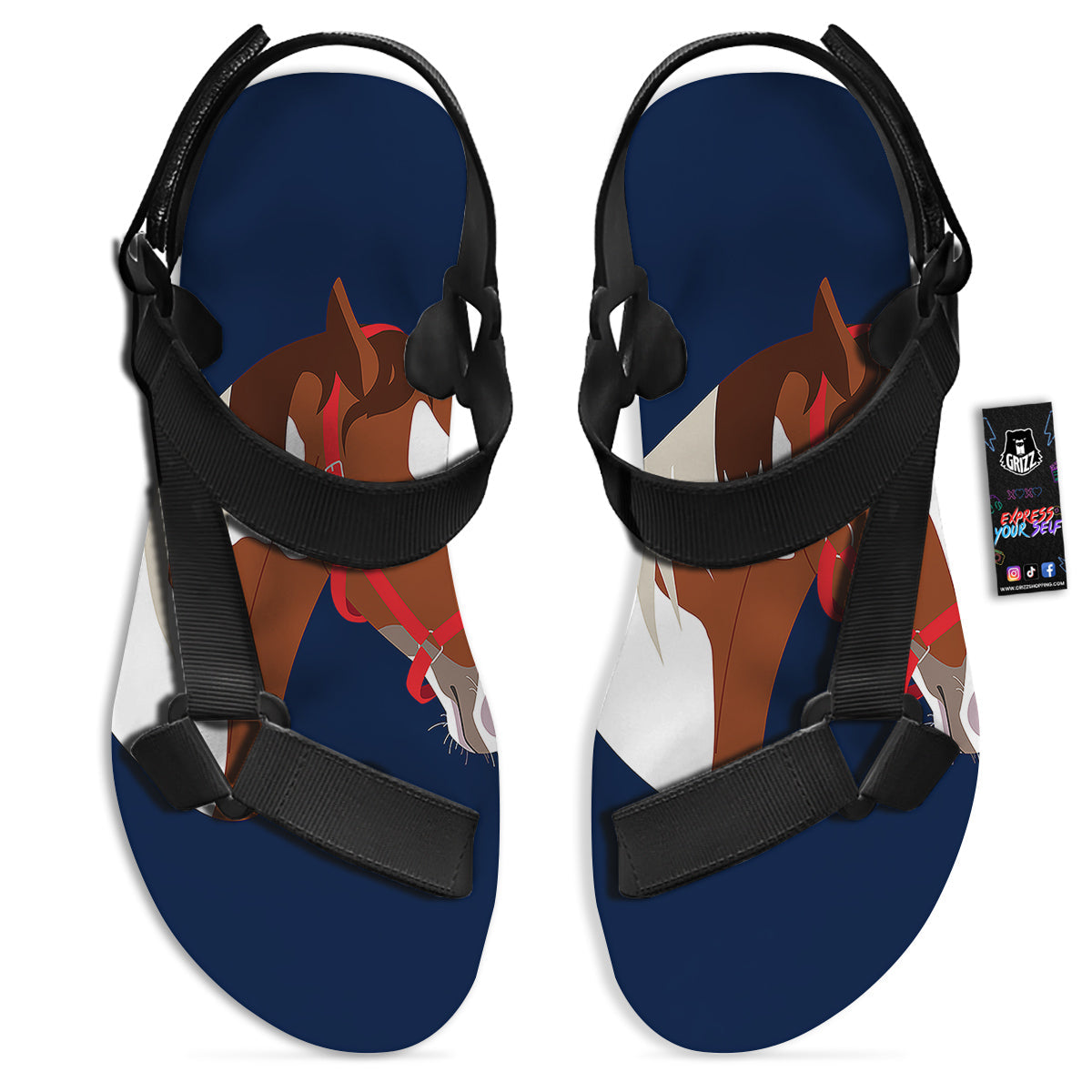 Horse Portrait Dark Blue Print Black Open Toe Sandals-grizzshop