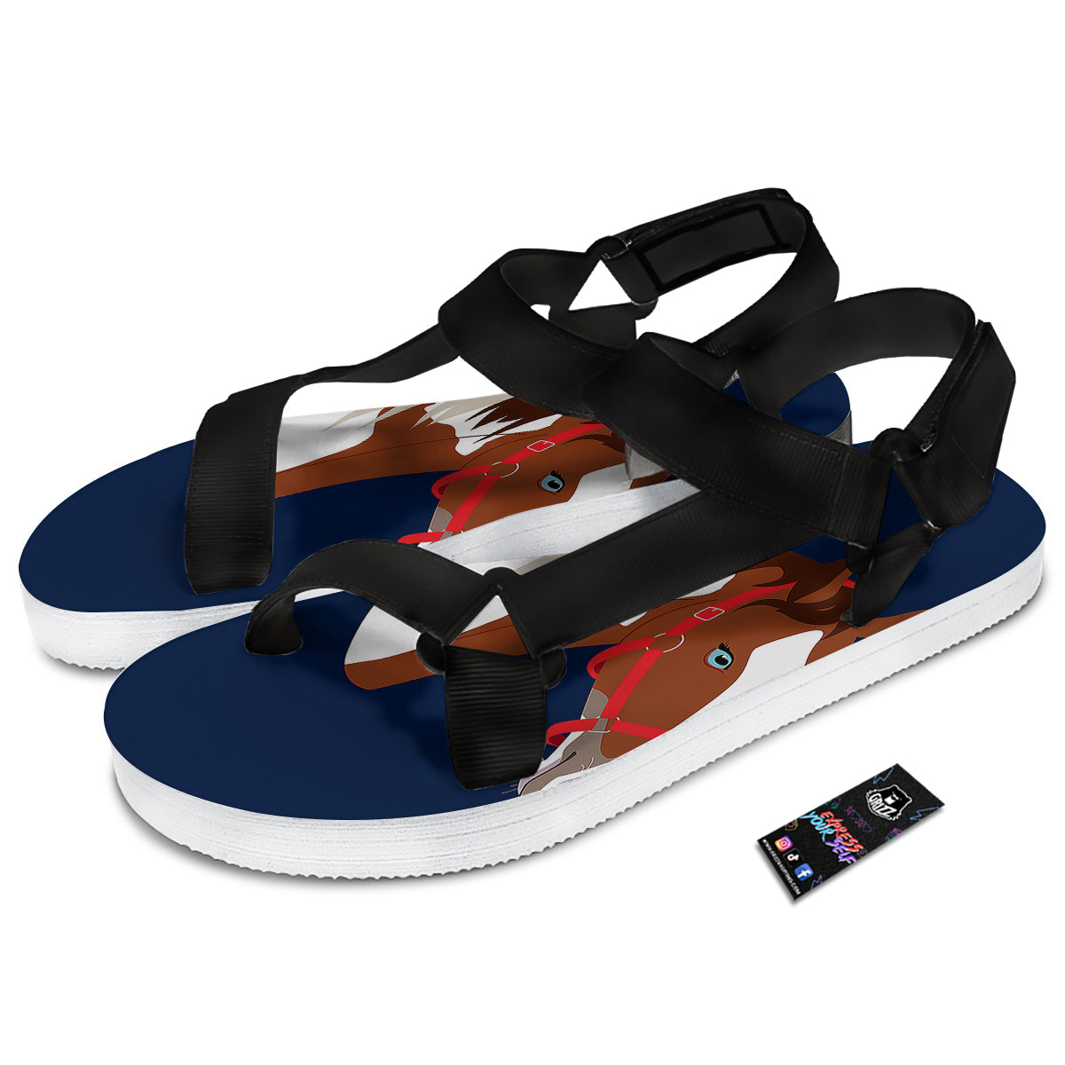 Horse Portrait Dark Blue Print Black Open Toe Sandals-grizzshop