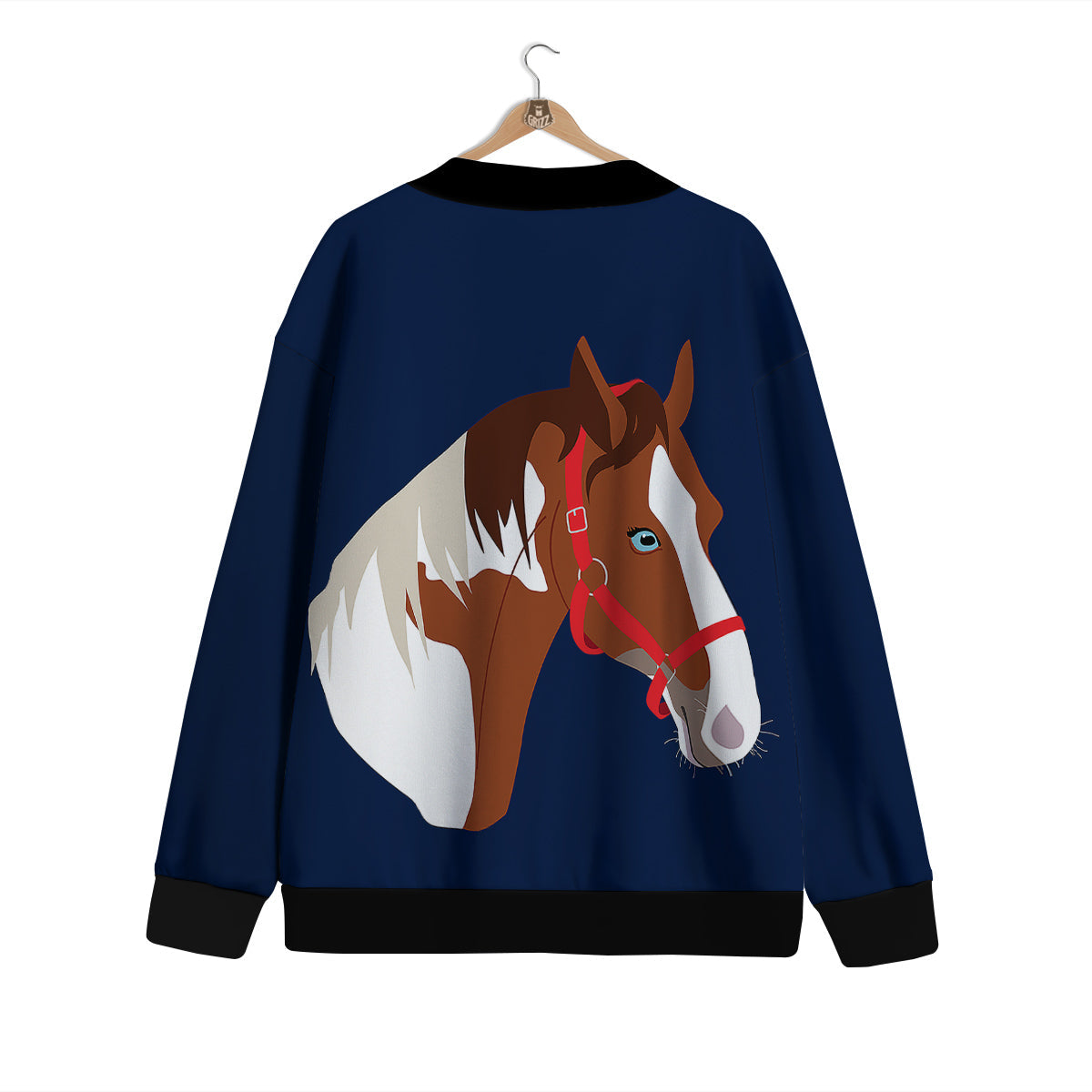 Horse Portrait Dark Blue Print Cardigan-grizzshop