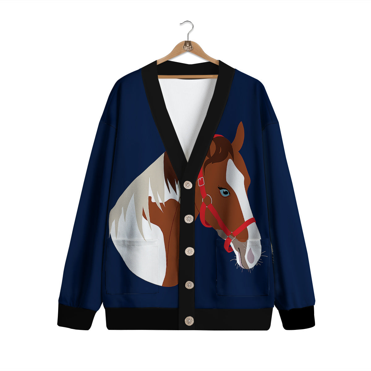 Horse Portrait Dark Blue Print Cardigan-grizzshop