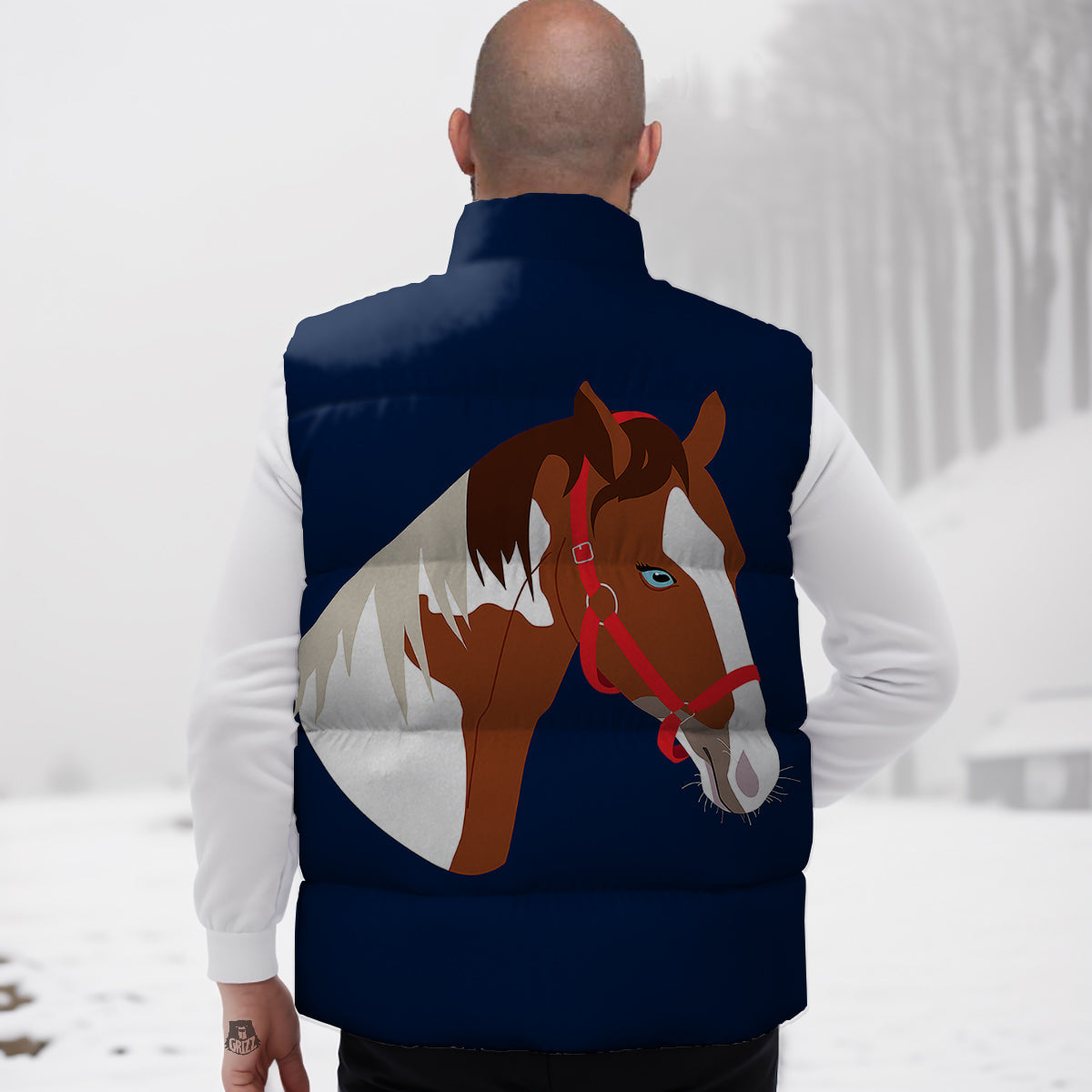 Horse Portrait Dark Blue Print Down Vest